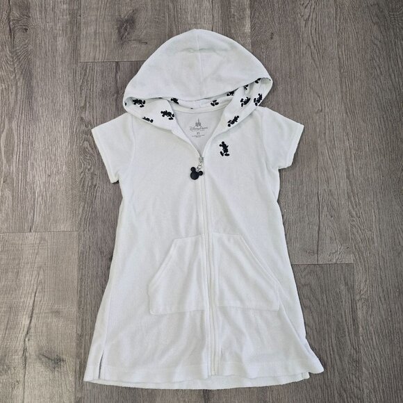 Disney Parks White Hooded Cover-Up Dress With Zipper Mickey Mouse Print Kids XS - Picture 1 of 5